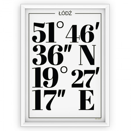 Plakat typograficzny - ŁODŹ / współrzędne white