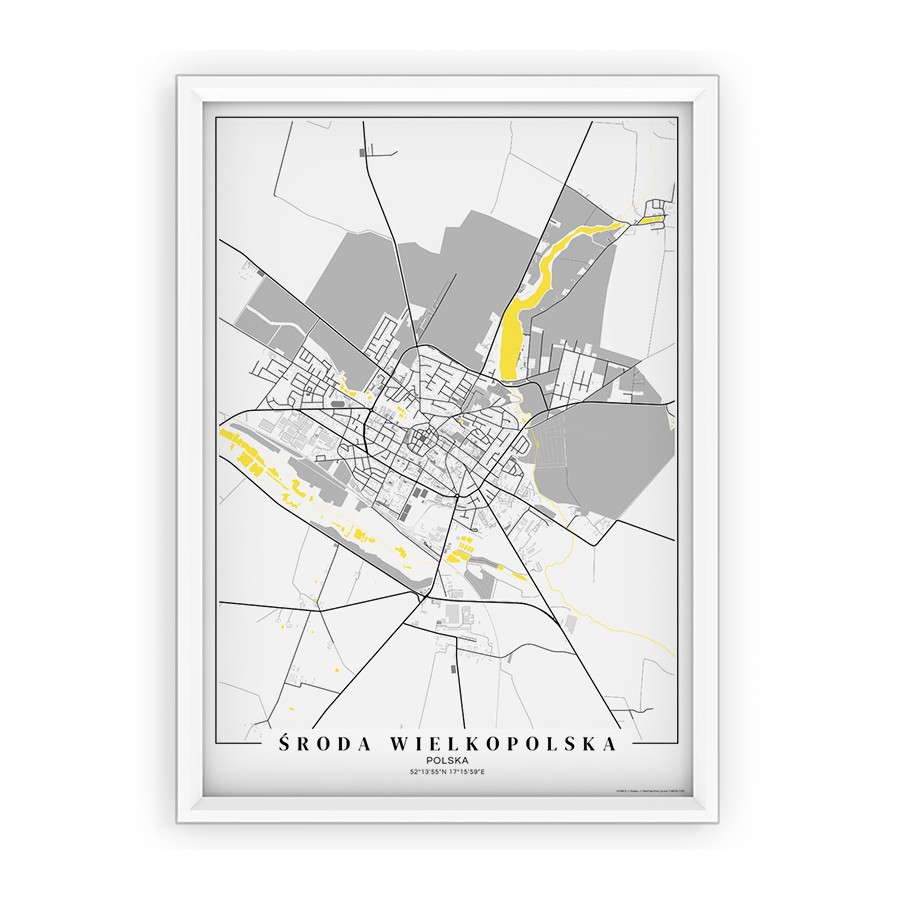 Plakat mapa ŚRODA WIELKOPOLSKA - yellow passepartout